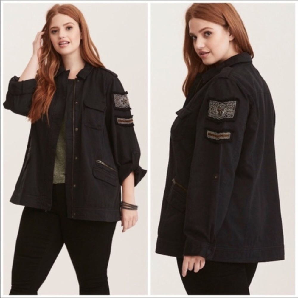 Torrid Black Army Military Beaded Twill Jacket NWT